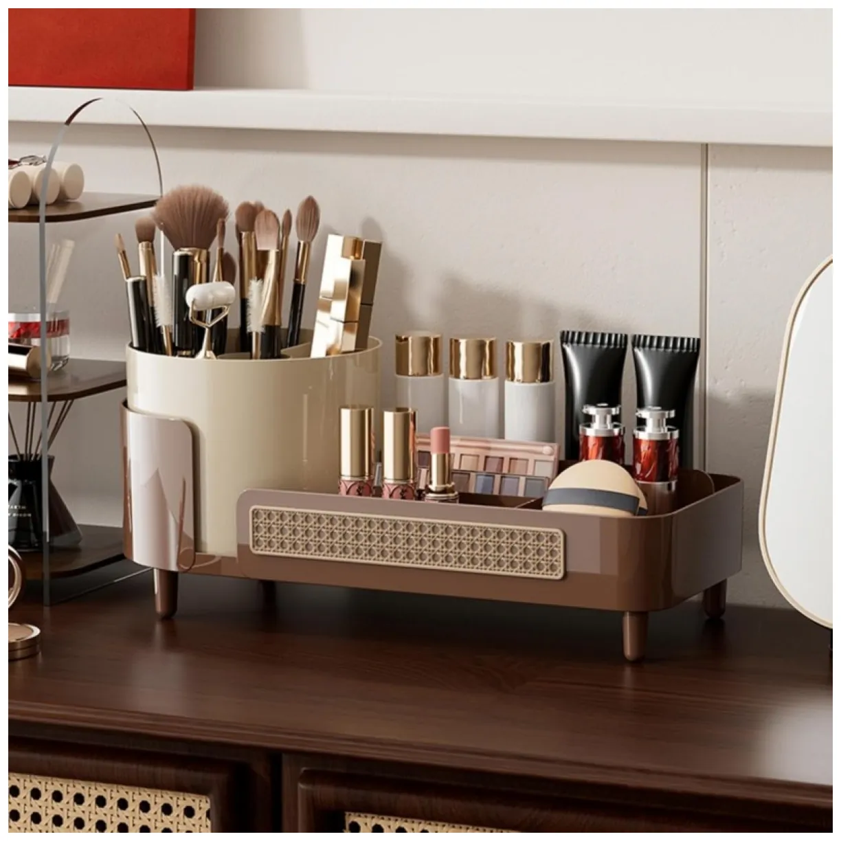 Organizer na pędzle, kosmetyki, plecionka wiedeńska obrotowy 34,5x14x15 cm CB75BR - obrazek 4