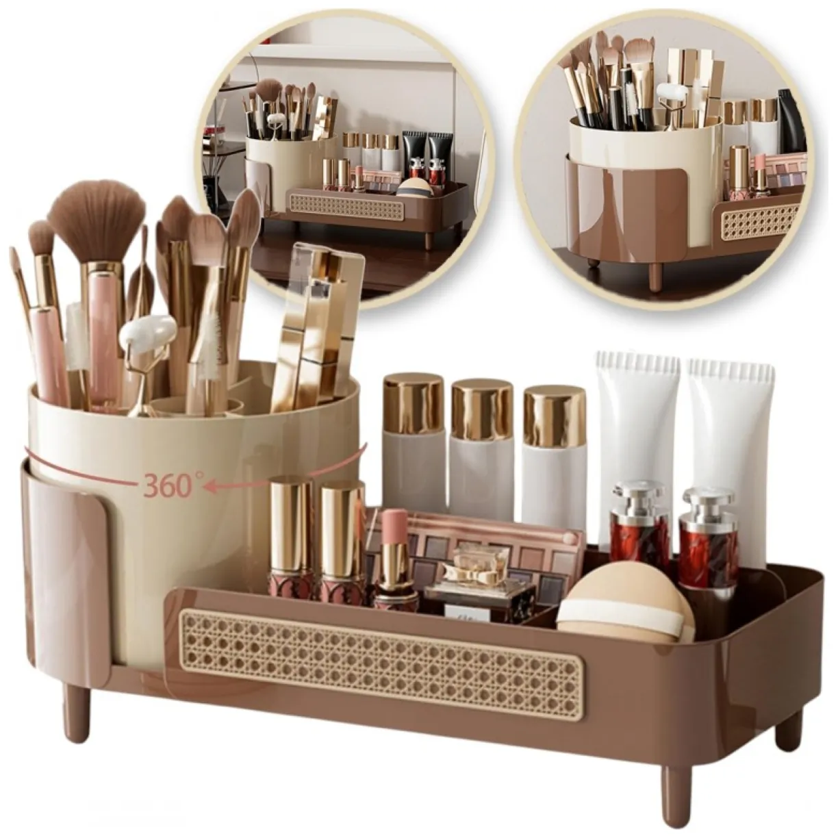 Organizer na pędzle, kosmetyki, plecionka wiedeńska obrotowy 34,5x14x15 cm CB75BR