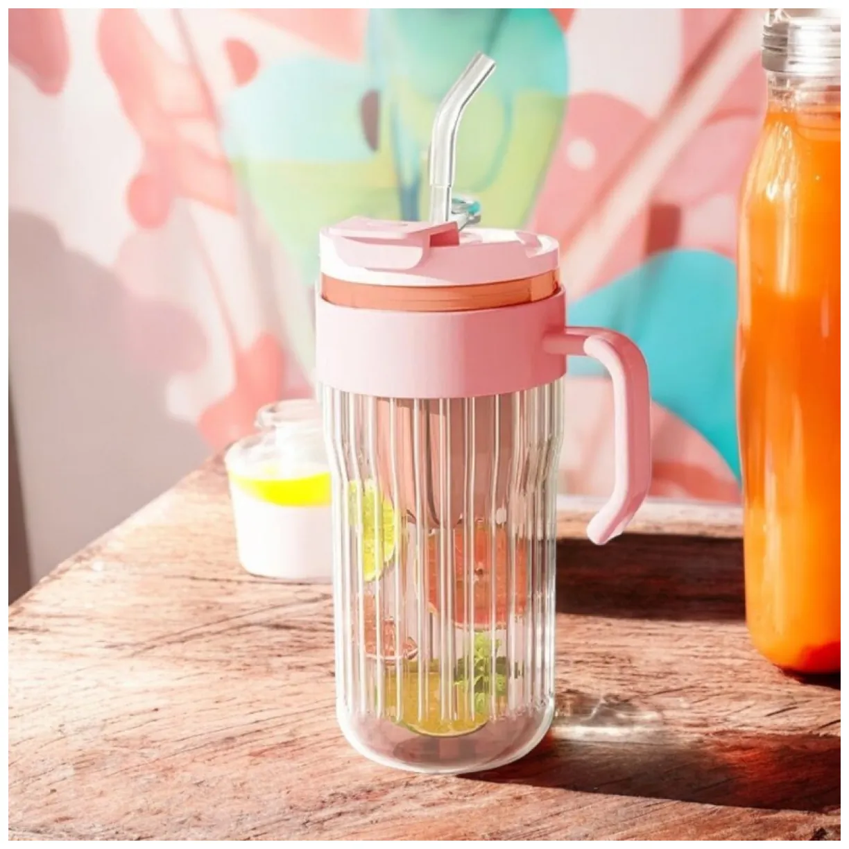 Kubek z ryflowanego szkła na Kawę Herbatę ze słomką, sitkiem i zamknięciem 550 ML CUP12R - obrazek 2
