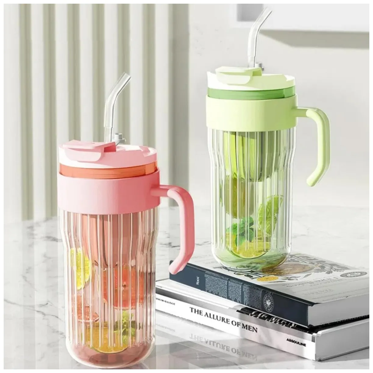 Kubek z ryflowanego szkła na Kawę Herbatę ze słomką, sitkiem i zamknięciem 550 ML CUP12R - obrazek 5