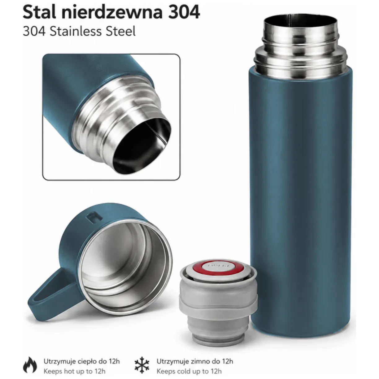 TERMOS turystyczny z kubkiem, szczelny, stal nierdzewna granatowy 500ml - obrazek 8