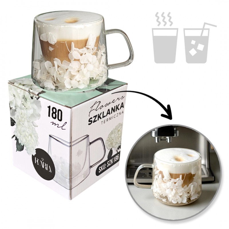 Szklanka termiczna z białymi kwiatami w środku, hortensje 180 ml 1szt - SZK186