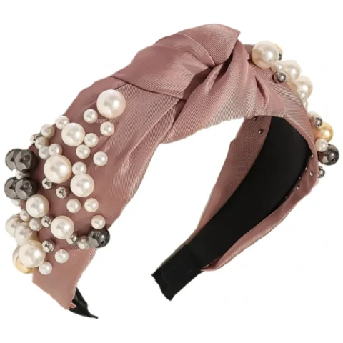 Opaska turban bogato zdobiona z materiału gruba 6,5cm róż