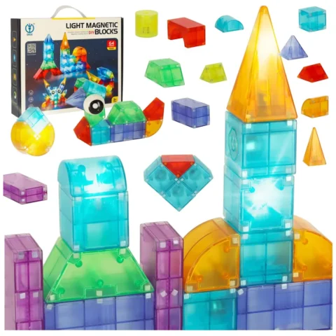 Klocki magnetyczne konstrukcyjne świecące elementy figury 3D 64 el.