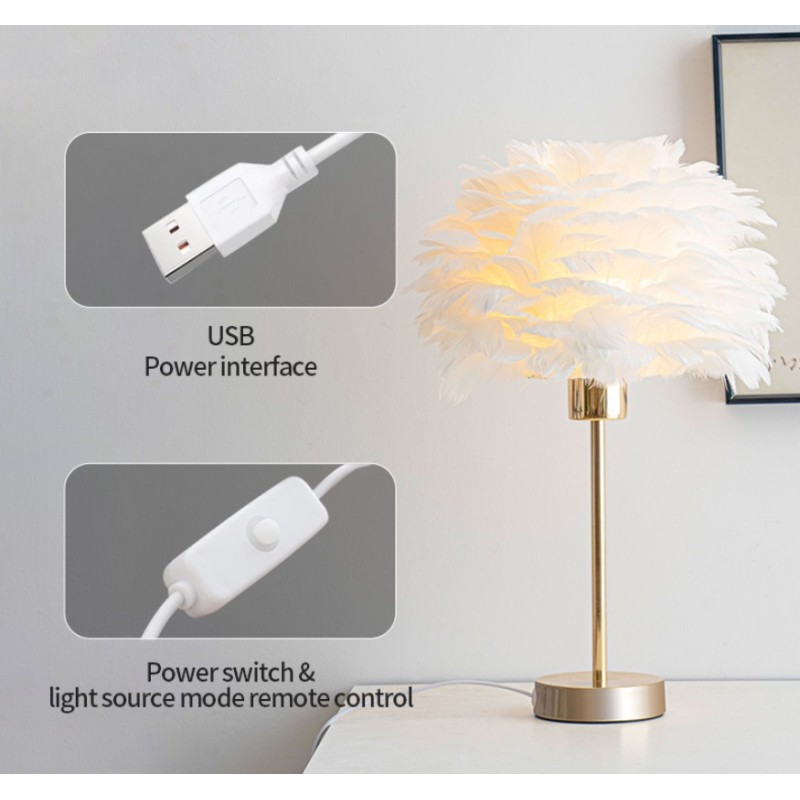 Elegancka lampa nocna stołowa z kloszem z białych piór ściemniacz 3 kolory świecenia na komode USB OZD12 - obrazek 3