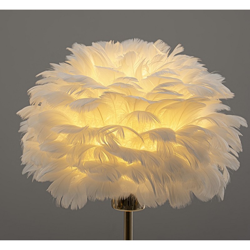 Elegancka lampa nocna stołowa z kloszem z białych piór ściemniacz 3 kolory świecenia na komode USB OZD12 - obrazek 5