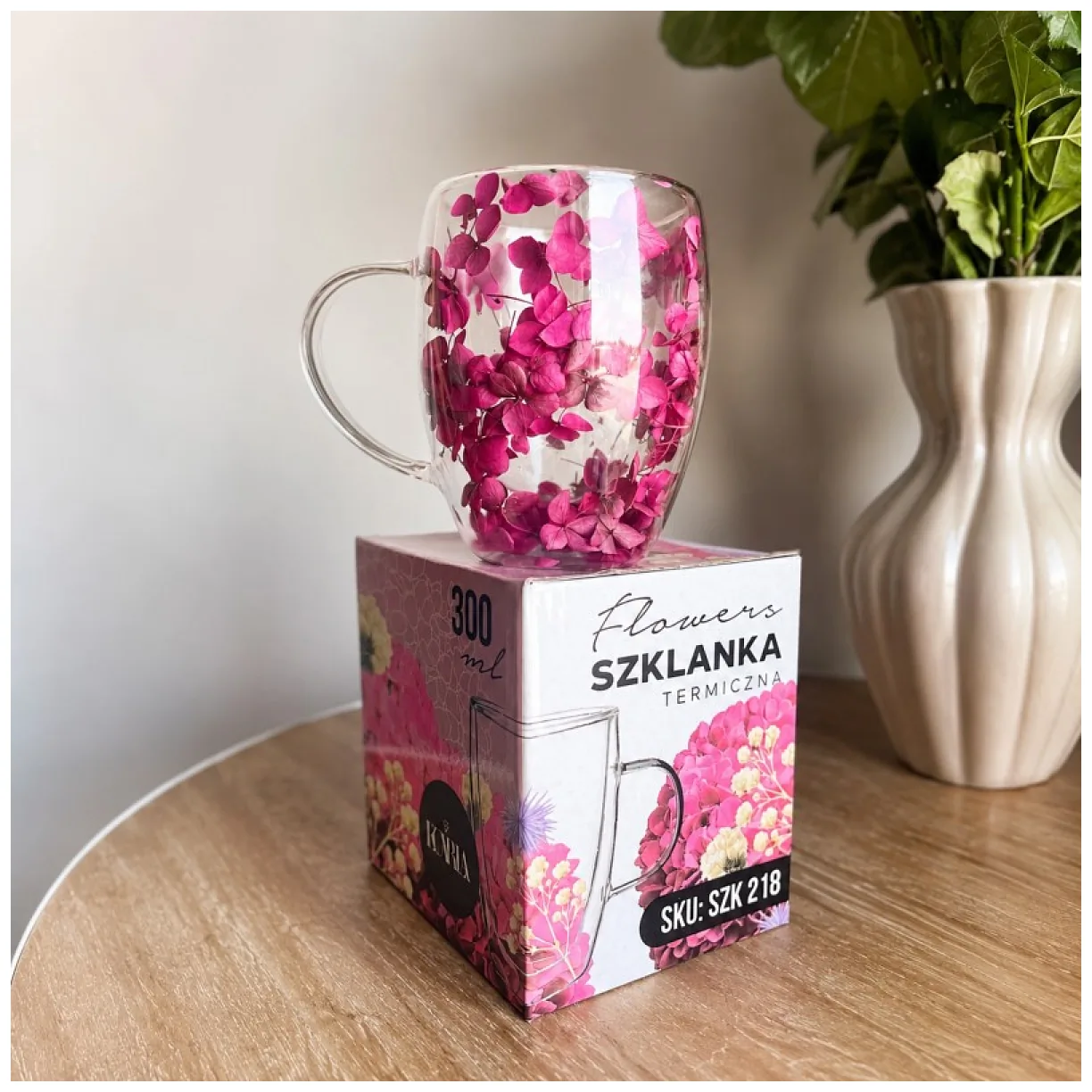 Szklanka termiczna z kwiatami w środku 300ml 1szt, pełna hortensji, burgund bordo - obrazek 5