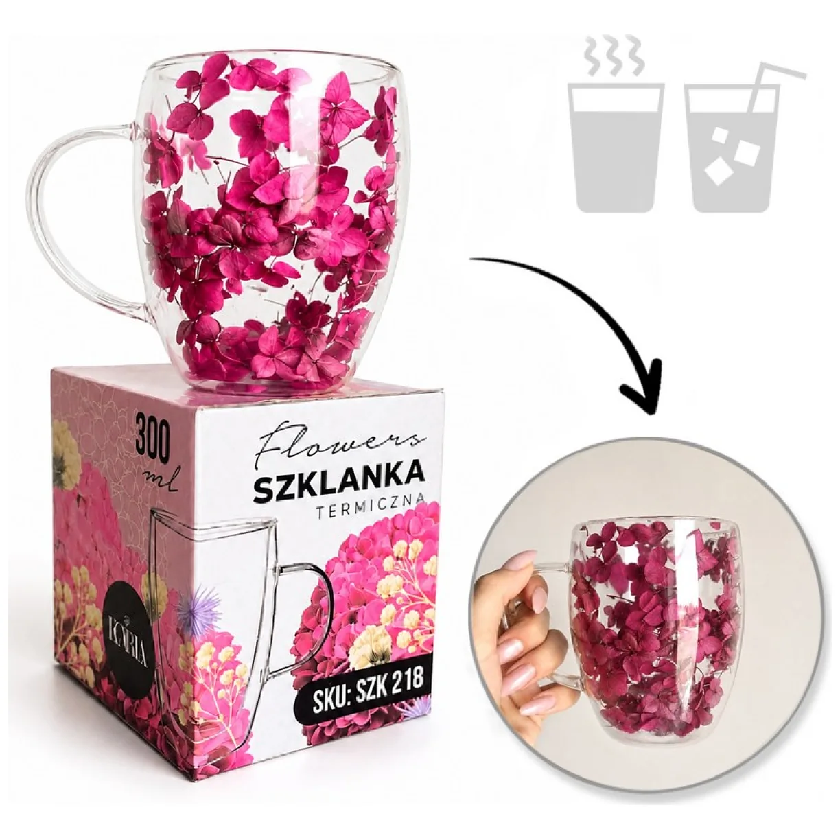 Szklanka termiczna z kwiatami w środku 300ml 1szt, pełna hortensji, burgund bordo