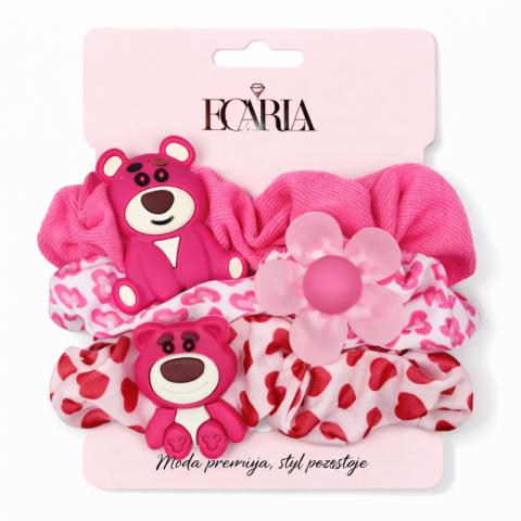 Zestaw frotek gumek 3w1 na plakietce, różowe misie, kwiat GUM190