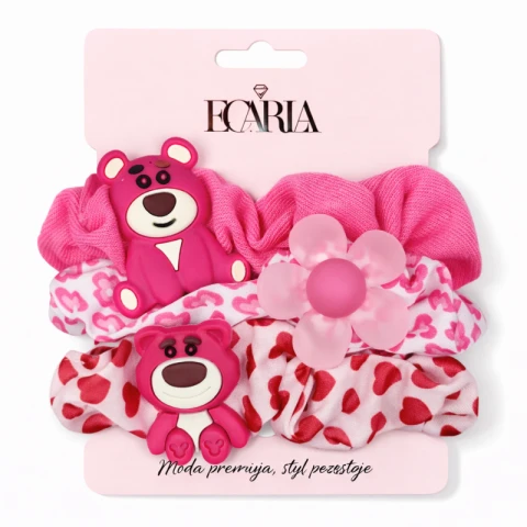 Zestaw frotek gumek 3w1 na plakietce, różowe misie, kwiat GUM190