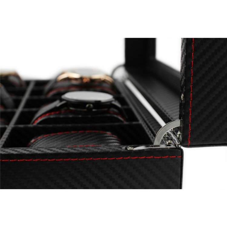 Szkatułka pudełko na zegarki na 10szt Karbon czarny, przeszycia 28 x 22 x 8cm PD136 - obrazek 4
