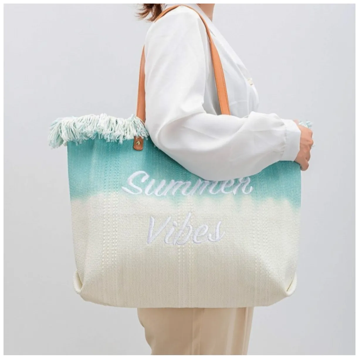 Duża torba plażowa boho z frędzlami, zielona ombre, na zakupy, 45x40 cm, poliester - obrazek 5