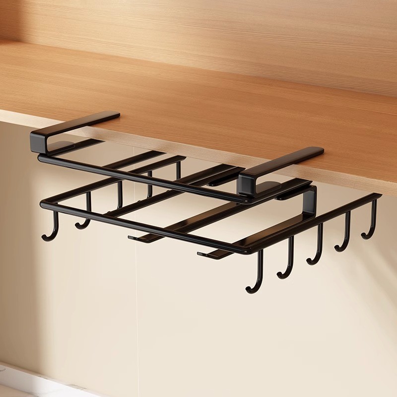 Półka, uchwyt podwieszany do szafki, organizer kuchenny z haczykami, czarny OR116CZ - obrazek 2