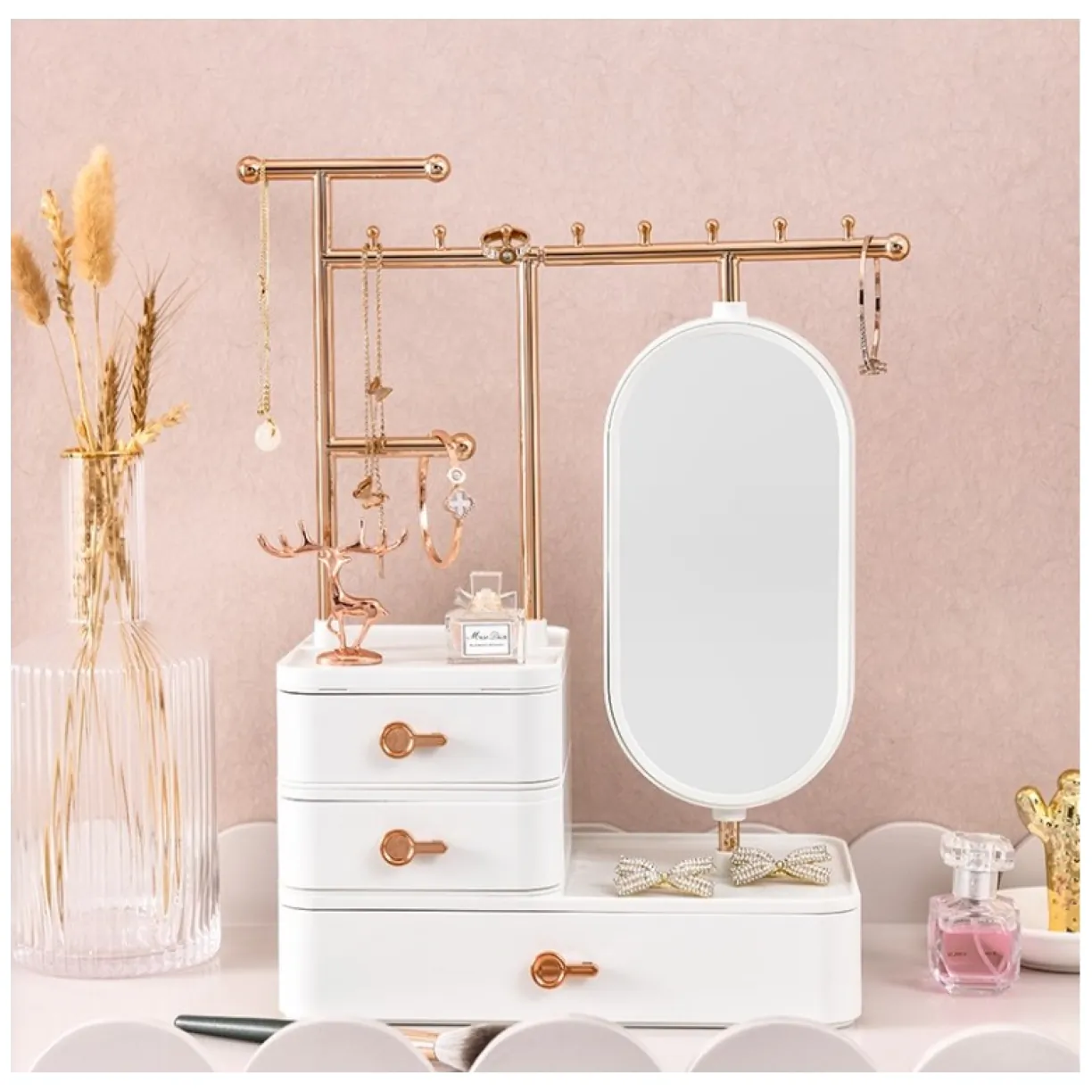 Organizer na biżuterię biel szafeczka z lusterkiem i szufladkami PD60B - obrazek 2