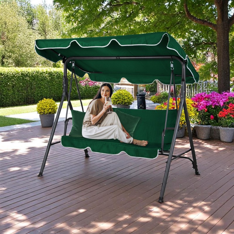 Huśtawka ogrodowa 3-osobowa z baldachimem i 2 poduszkami, zielona HO01ZIE - obrazek 3