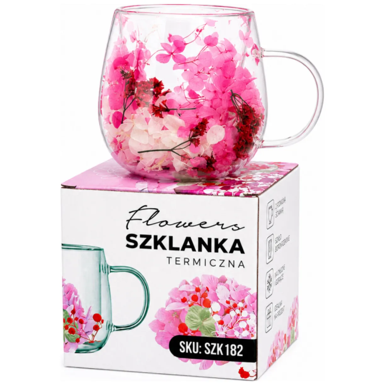 Szklanka termiczna z kwiatami w środku, gipsówka hortensje róż 300 ml 1szt - obrazek 2