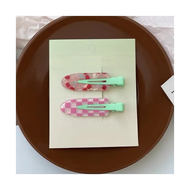 Zestaw 2 spinek wsuwek, klamerek do włosów, wisienki, krata SP392 - obrazek 2