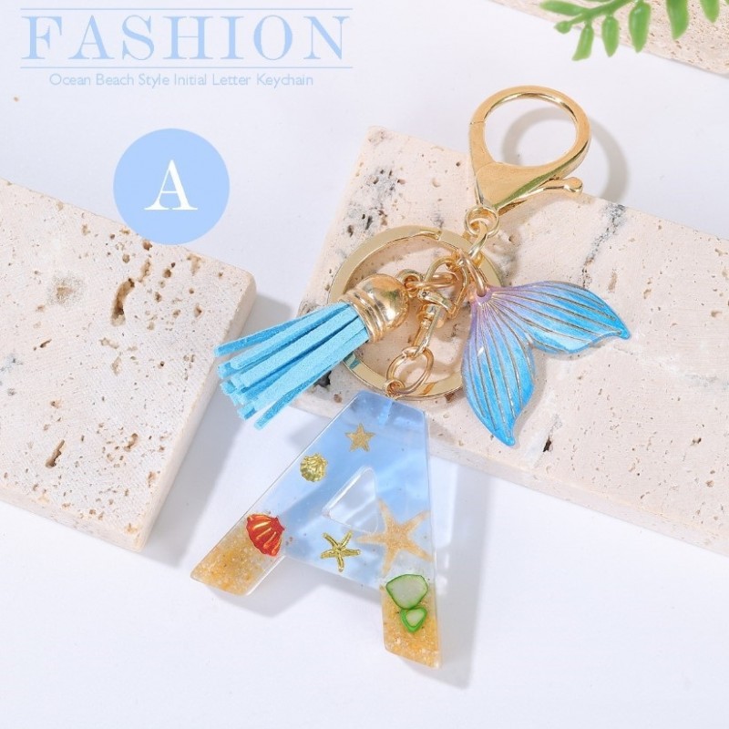 Brelok do kluczy LITERKA "A" , MORSKI, ogon syreny, muszelki, frędzle BRL353A - obrazek 2