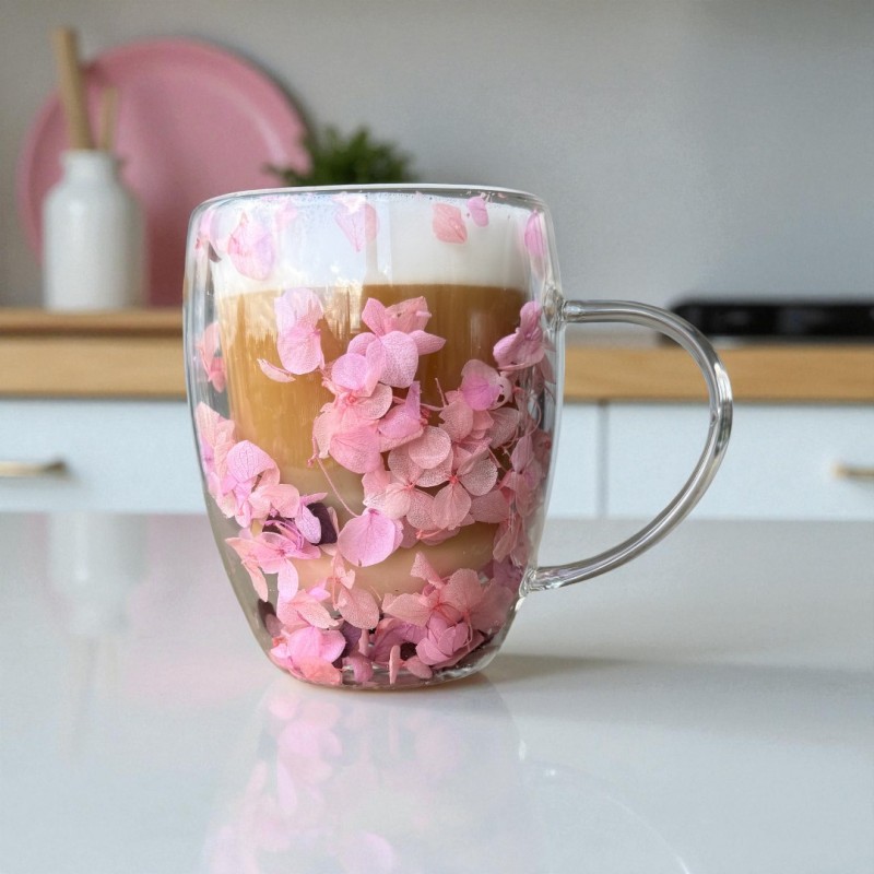 Szklanka termiczna z kwiatami w środku, gipsówka hortensje róż 300 ml 1szt SZK165 - obrazek 2