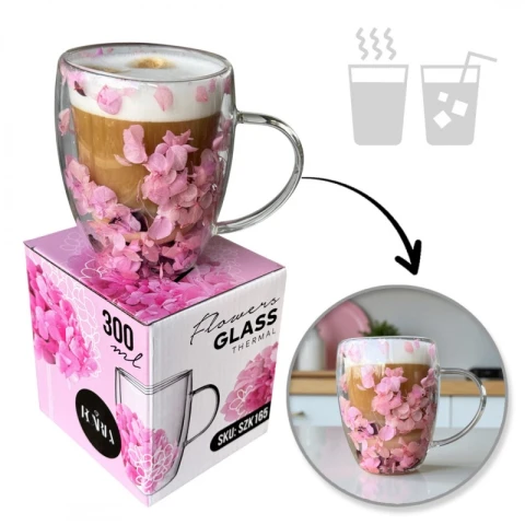 Szklanka termiczna z kwiatami w środku, gipsówka hortensje róż 300 ml 1szt SZK165