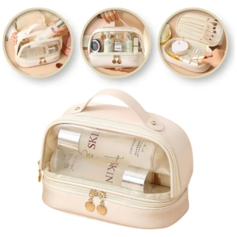 Kosmetyczka podróżna dwupoziomowa kremowa 23x13,5x16 cm z przegródkami