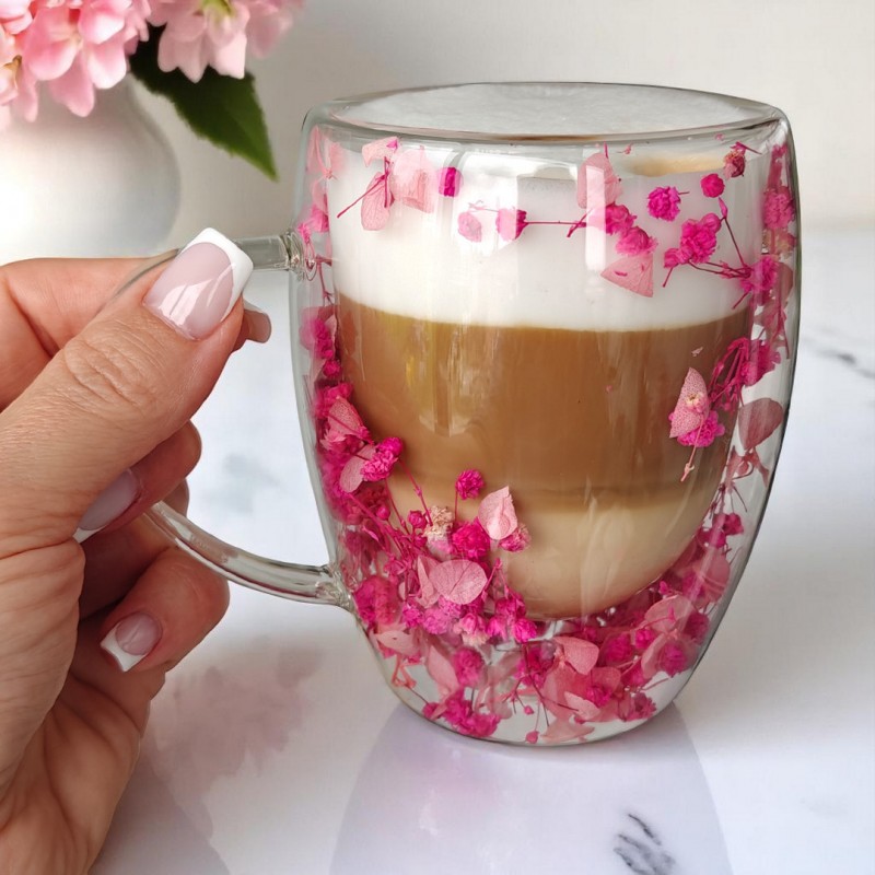 Szklanka termiczna z kwiatami w środku, gipsówka hortensje róż 300 ml 1szt SZK149 - obrazek 2