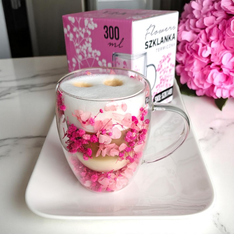 Szklanka termiczna z kwiatami w środku, gipsówka hortensje róż 300 ml 1szt SZK149 - obrazek 4