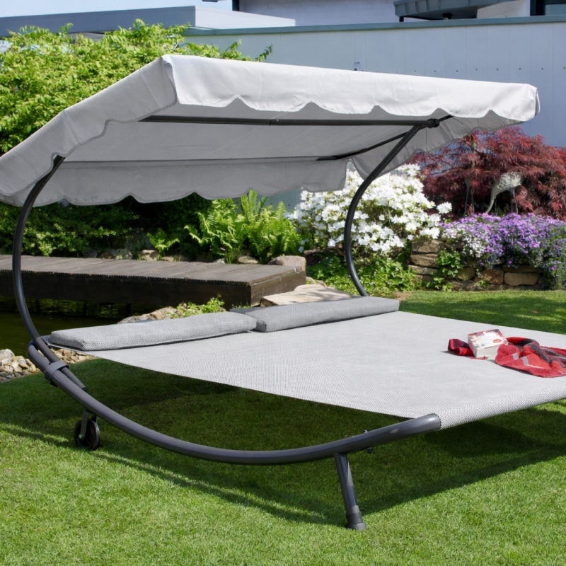 Leżak ogrodowy, leżanka dwuosobowa z baldachimem szary 200x173x155cm LE02 - obrazek 2