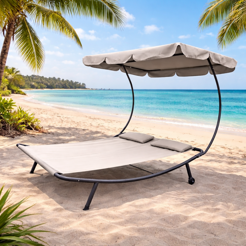 Leżak ogrodowy, leżanka dwuosobowa z baldachimem szary 200x173x155cm LE02 - obrazek 3