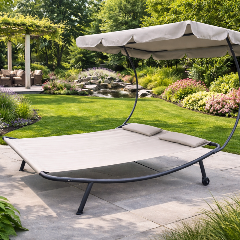 Leżak ogrodowy, leżanka dwuosobowa z baldachimem szary 200x173x155cm LE02 - obrazek 4
