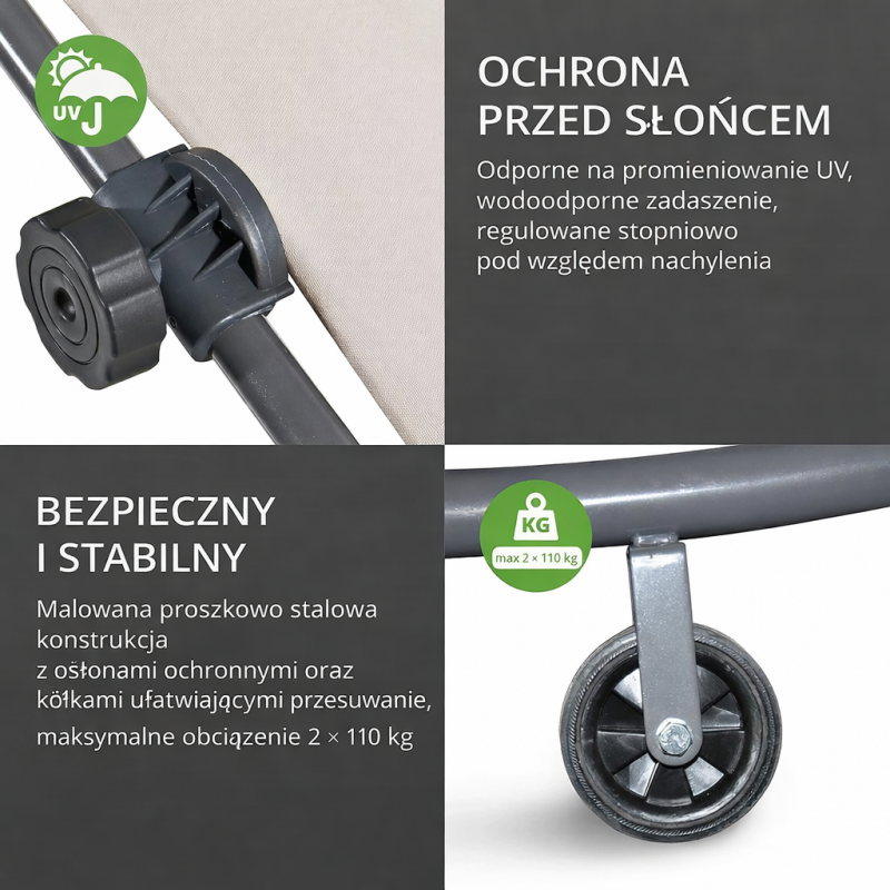 Leżak ogrodowy, leżanka dwuosobowa z baldachimem szary 200x173x155cm LE02 - obrazek 7
