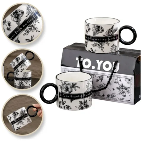 Zestaw 2 kubków ceramicznych czarno-białych 310 ml w pudełku prezentowym