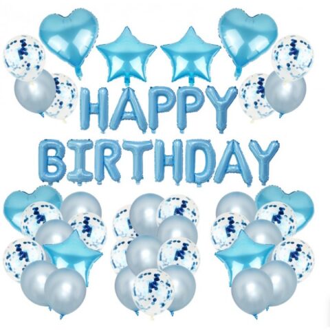 Zestaw Balonów HAPPY BIRTHDAY, niebieskie srebrne 50szt BLN04