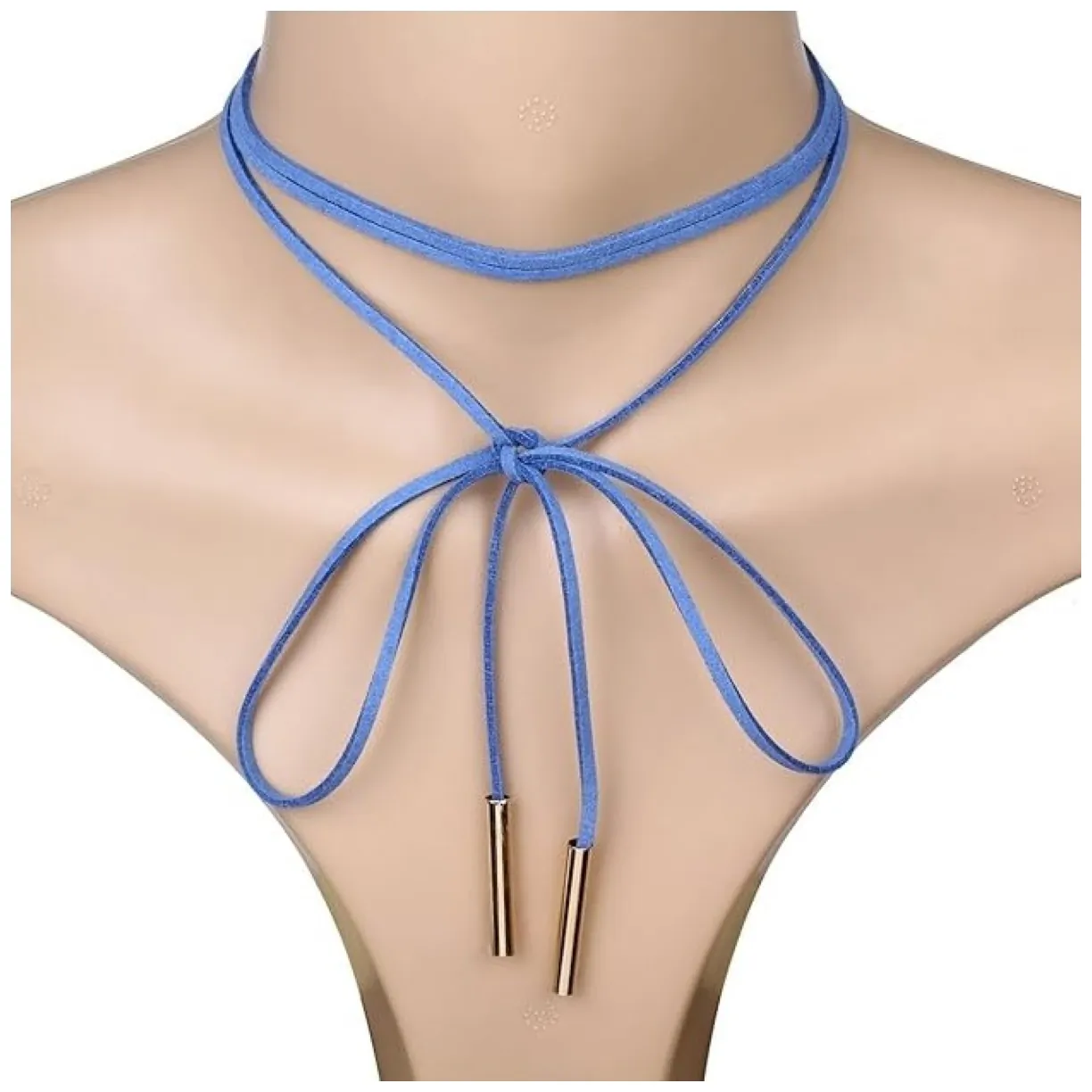 NASZYJNIK CHOKER SKÓRZANY WIĄZANY NIEBIESKI ZŁOTON N390N