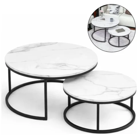 Zestaw okrągłych stolików kawowych 2w1 biały marmur 60 i 80 cm STL14