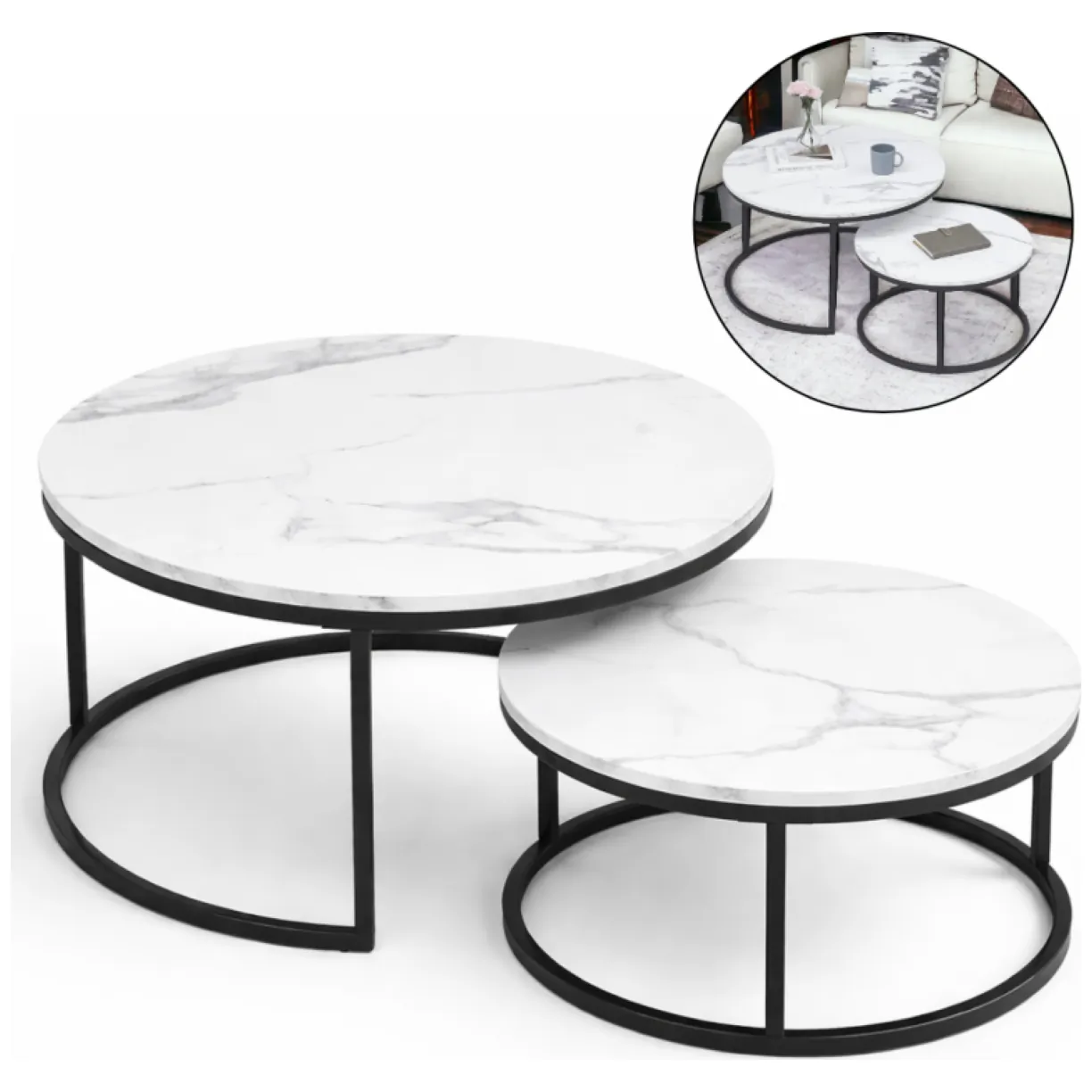 Zestaw okrągłych stolików kawowych 2w1 biały marmur 60 i 80 cm STL14