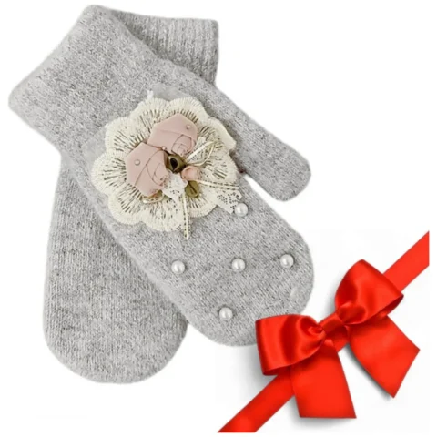 RĘKAWICZKI jednopalczaste CUTE KWIATY I PEREŁKI SZARE REK131