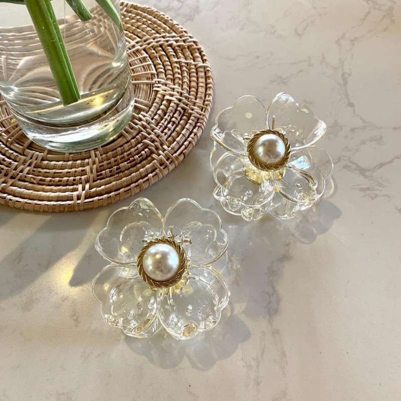 Spinka do włosów klamra XL kwiat transparentny złoty perła 6,5 x 6,5 cm SP271 - obrazek 9