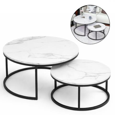 Zestaw okrągłych stolików kawowych 2w1 biały marmur 60 i 80 cm STL14