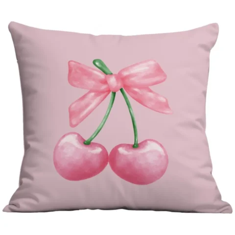 Różowa poszewka dekoracyjna 45x45 cm z wzorem wiśni i kokardy