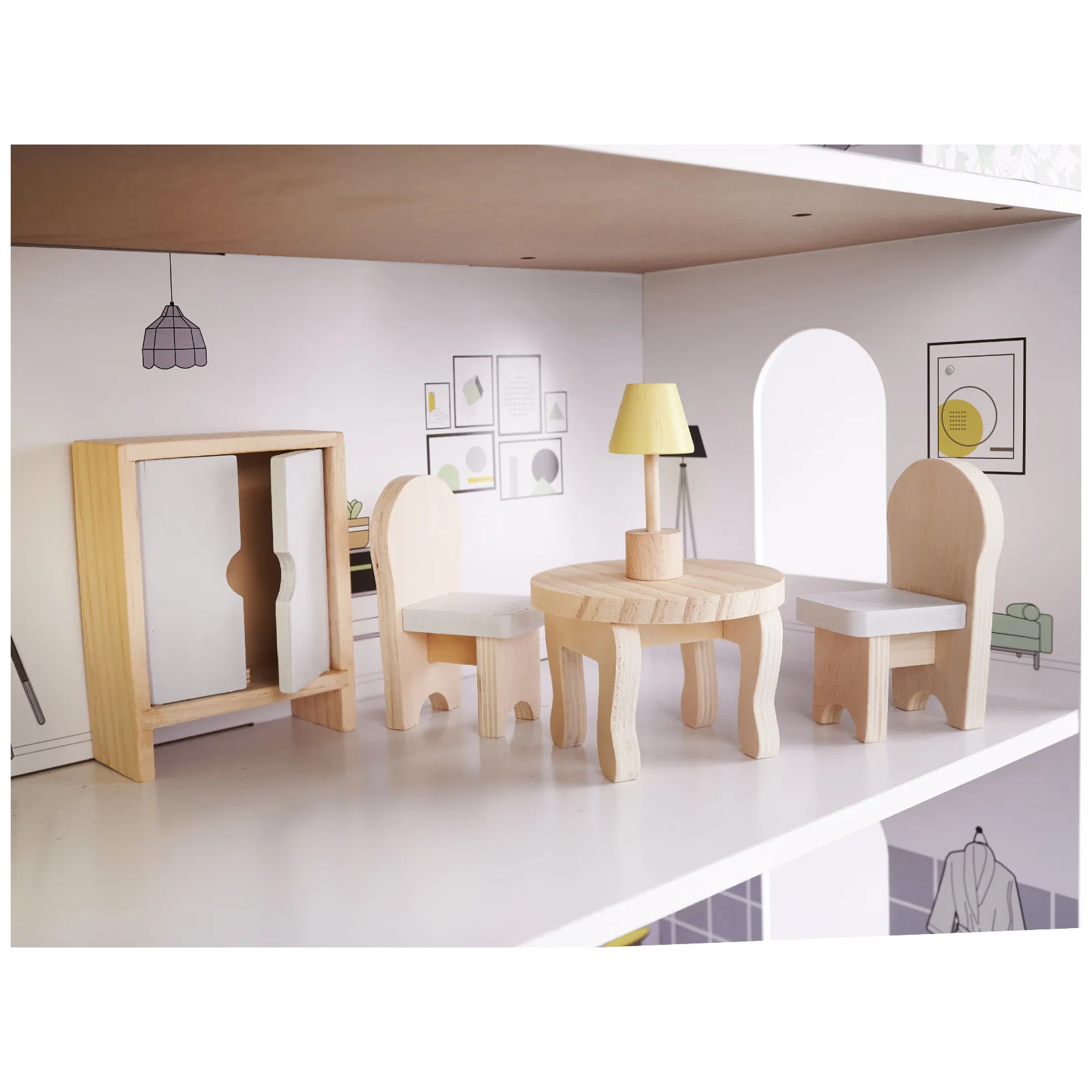 Duży drewniany domek dla lalek w kolorze szarym z meblami 70 cm - obrazek 14