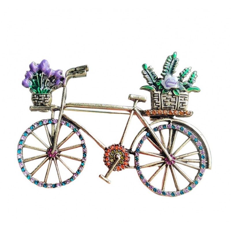 Broszka ozdobna kryształki KOLOROWY ROWER z kwiatami BZ168 - obrazek 2