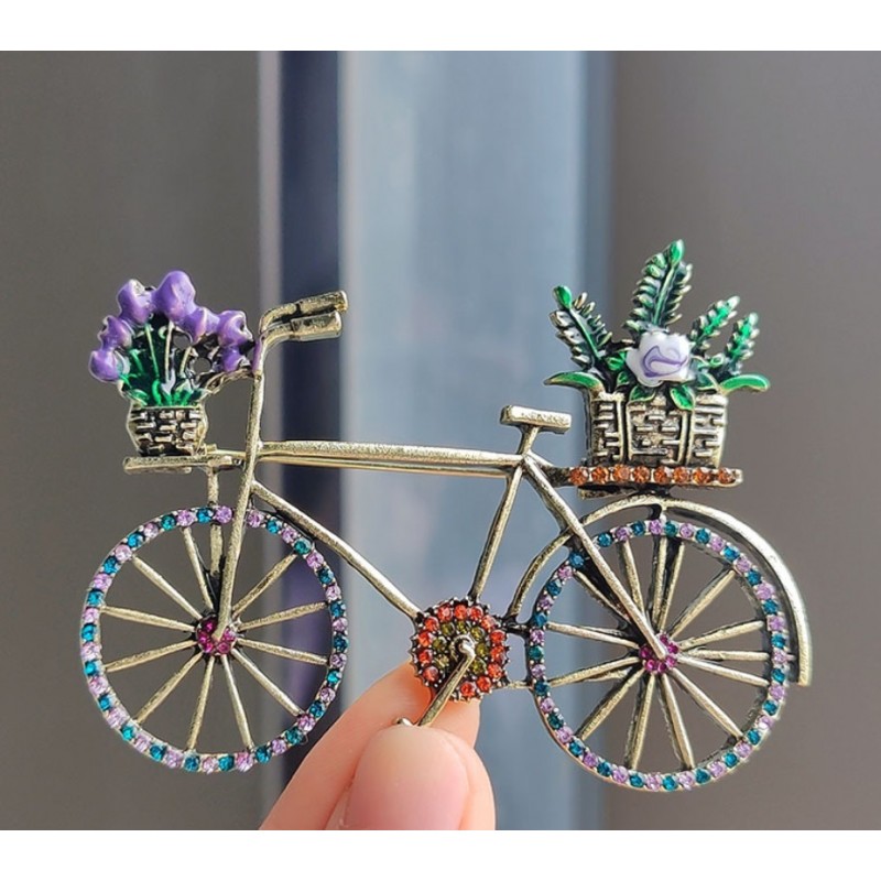 Broszka ozdobna kryształki KOLOROWY ROWER z kwiatami BZ168 - obrazek 3
