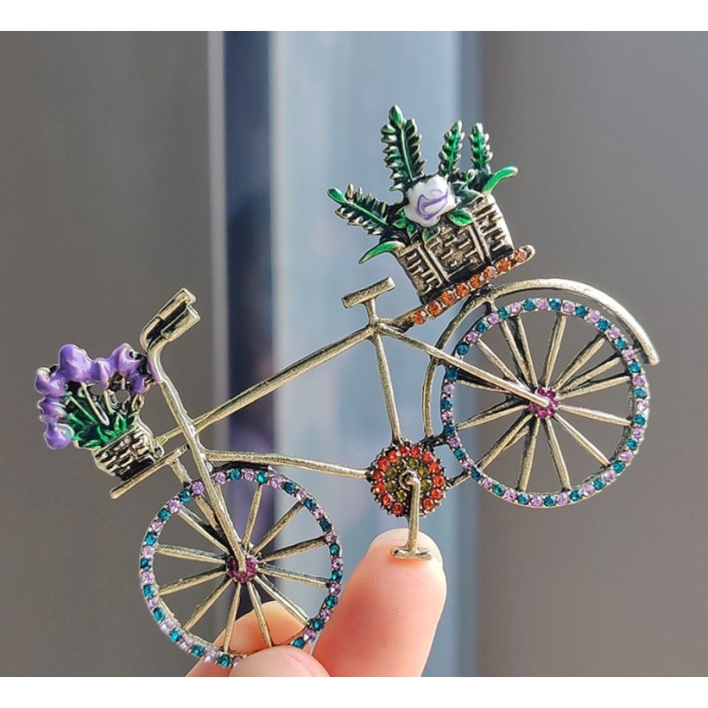 Broszka ozdobna kryształki KOLOROWY ROWER z kwiatami BZ168 - obrazek 4