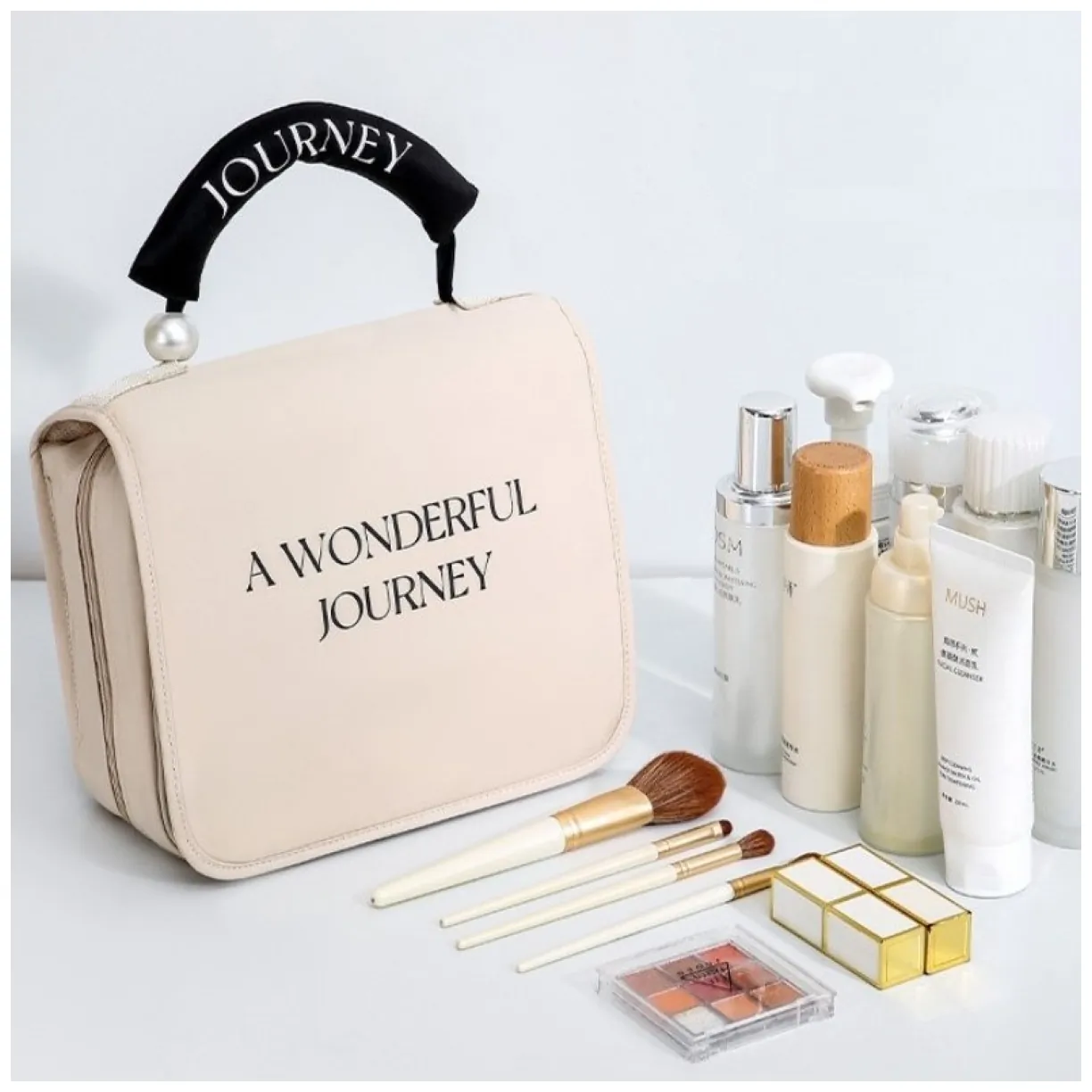 Elegancka kosmetyczka podróżna rozkładana z rączką kremowa organizer - obrazek 4