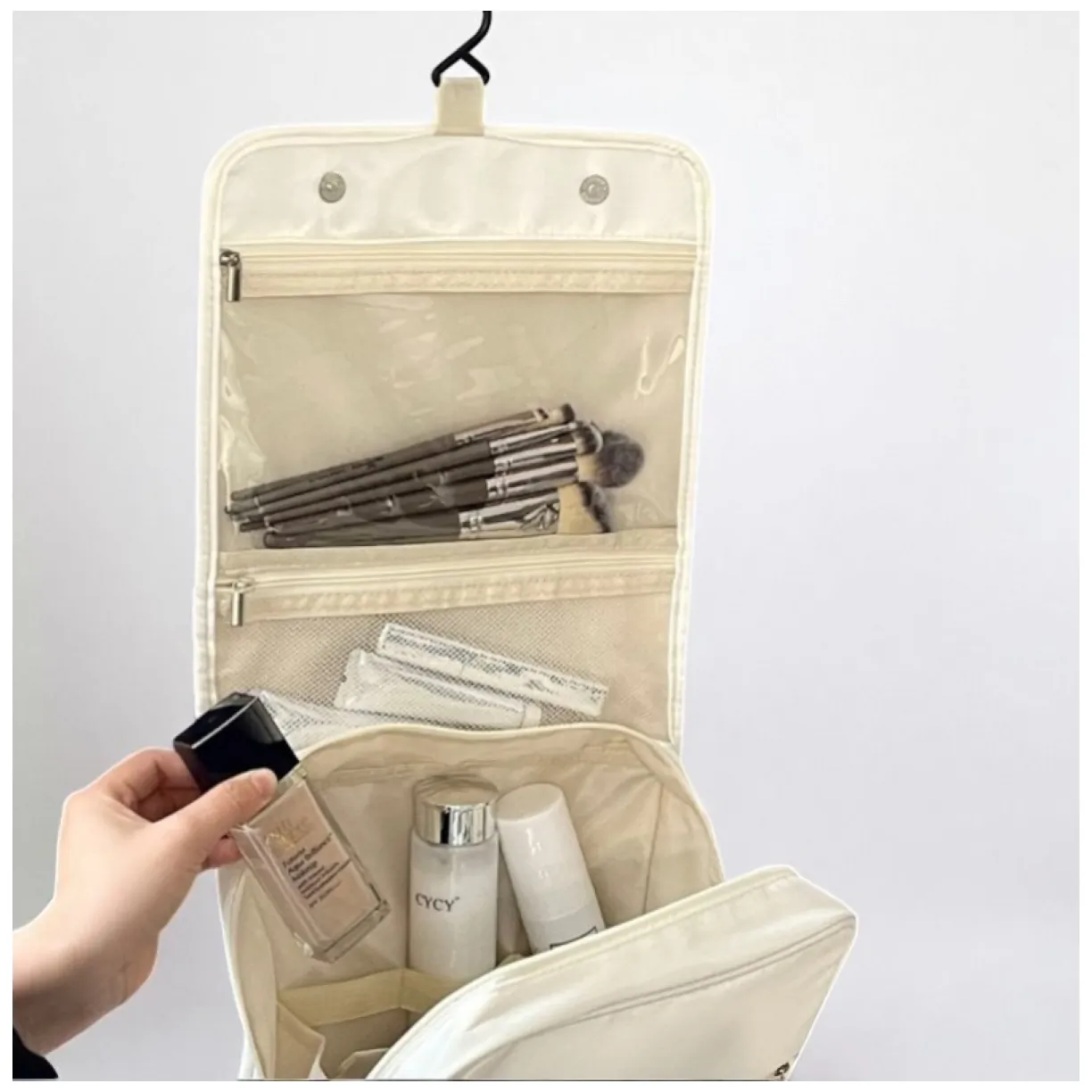 Elegancka kosmetyczka podróżna rozkładana z rączką kremowa organizer - obrazek 7