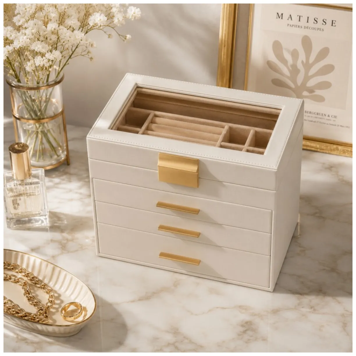 Elegancka szkatułka na biżuterię z ekoskóry beżowy organizer pojemny - obrazek 3