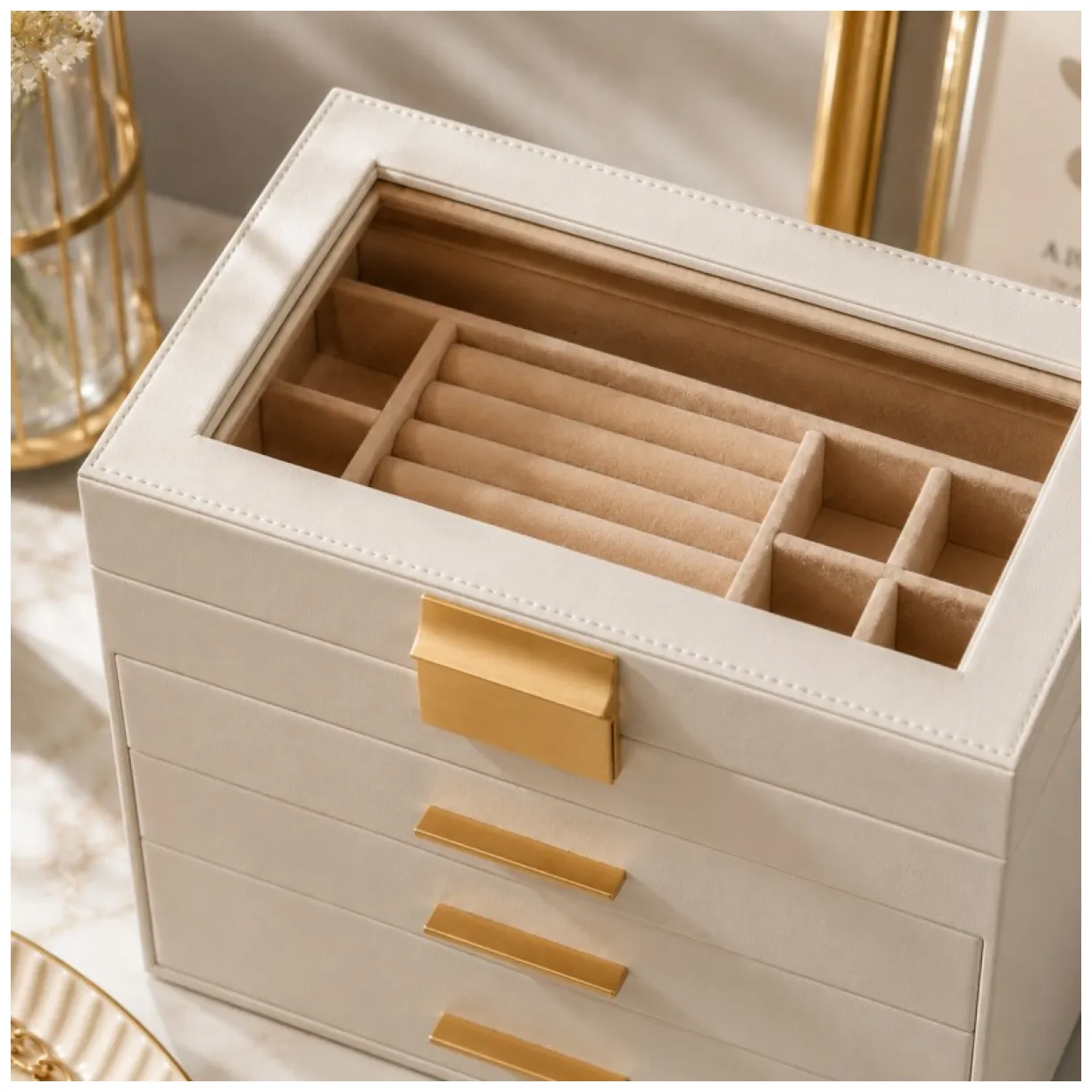 Elegancka szkatułka na biżuterię z ekoskóry beżowy organizer pojemny - obrazek 4