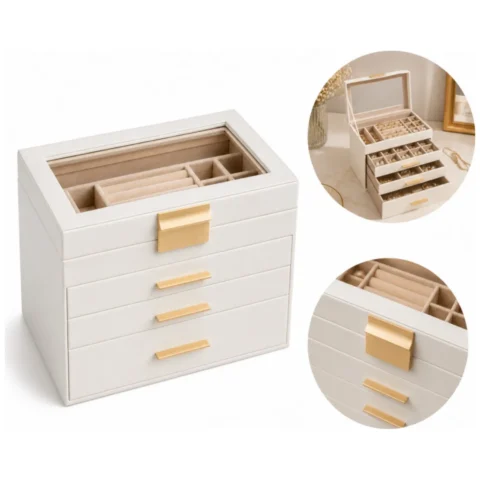 Elegancka szkatułka na biżuterię z ekoskóry beżowy organizer pojemny