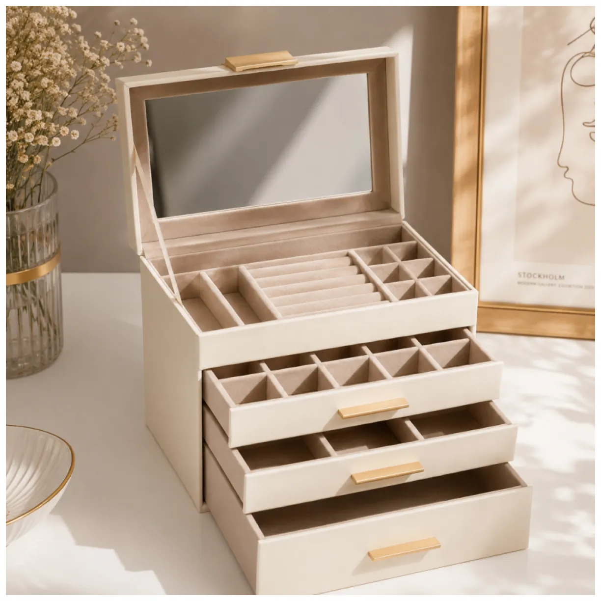 Elegancka szkatułka na biżuterię z ekoskóry beżowy organizer pojemny - obrazek 6